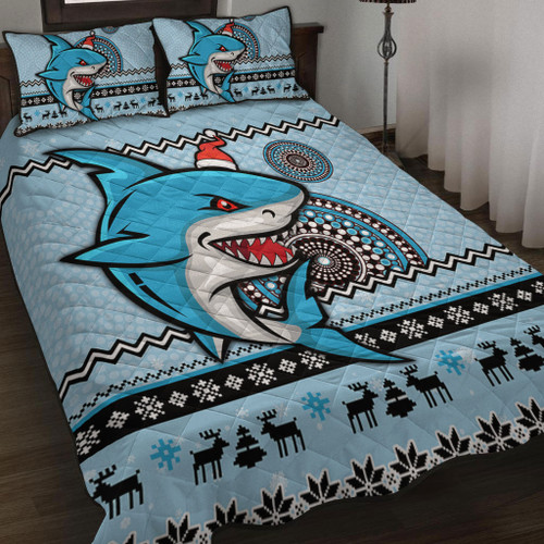 Cronulla-Sutherland Sharks Quilt Bed Set - Australia Ugly Xmas With Aboriginal Patterns For Die Hard Fans