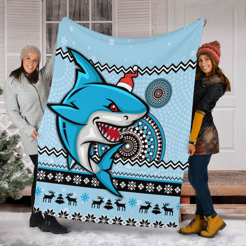 Cronulla-Sutherland Sharks Premium Blanket - Australia Ugly Xmas With Aboriginal Patterns For Die Hard Fans Cronulla-Sutherland Sharks Premium Blanket - Australia Ugly Xmas With Aboriginal Patterns For Die Hard Fans