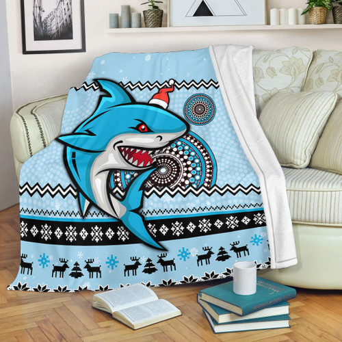 Cronulla-Sutherland Sharks Premium Blanket - Australia Ugly Xmas With Aboriginal Patterns For Die Hard Fans Cronulla-Sutherland Sharks Premium Blanket - Australia Ugly Xmas With Aboriginal Patterns For Die Hard Fans