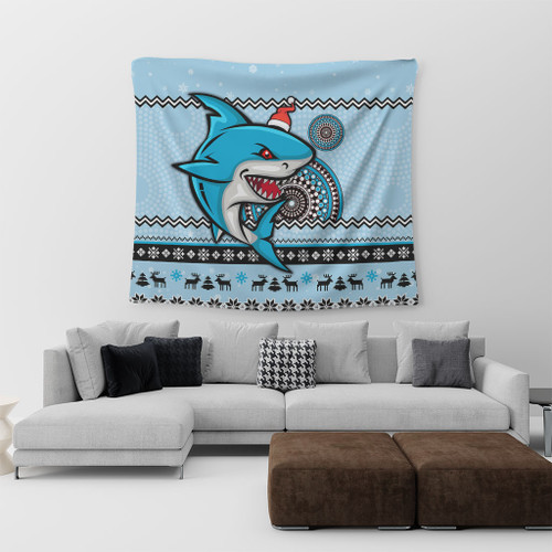 Cronulla-Sutherland Sharks Tapestry - Australia Ugly Xmas With Aboriginal Patterns For Die Hard Fans Cronulla-Sutherland Sharks Tapestry - Australia Ugly Xmas With Aboriginal Patterns For Die Hard Fans