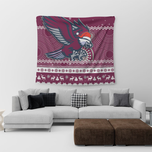Manly Warringah Sea Eagles Tapestry - Australia Ugly Xmas With Aboriginal Patterns For Die Hard Fans Manly Warringah Sea Eagles Tapestry - Australia Ugly Xmas With Aboriginal Patterns For Die Hard Fans
