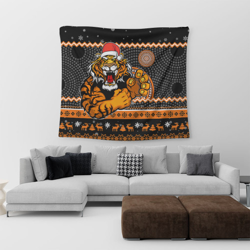 Wests Tigers Tapestry - Australia Ugly Xmas With Aboriginal Patterns For Die Hard Fans Wests Tigers Tapestry - Australia Ugly Xmas With Aboriginal Patterns For Die Hard Fans