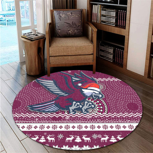 Manly Warringah Sea Eagles Round Rug - Australia Ugly Xmas With Aboriginal Patterns For Die Hard Fans Manly Warringah Sea Eagles Round Rug - Australia Ugly Xmas With Aboriginal Patterns For Die Hard Fans