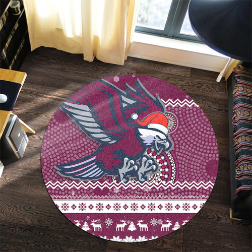 Manly Warringah Sea Eagles Round Rug - Australia Ugly Xmas With Aboriginal Patterns For Die Hard Fans Manly Warringah Sea Eagles Round Rug - Australia Ugly Xmas With Aboriginal Patterns For Die Hard Fans