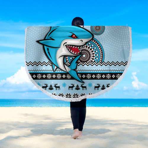 Cronulla-Sutherland Sharks Beach Blanket - Australia Ugly Xmas With Aboriginal Patterns For Die Hard Fans Cronulla-Sutherland Sharks Beach Blanket - Australia Ugly Xmas With Aboriginal Patterns For Die Hard Fans