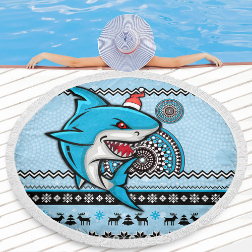Cronulla-Sutherland Sharks Beach Blanket - Australia Ugly Xmas With Aboriginal Patterns For Die Hard Fans