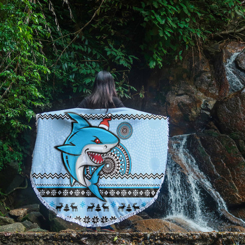Cronulla-Sutherland Sharks Beach Blanket - Australia Ugly Xmas With Aboriginal Patterns For Die Hard Fans Cronulla-Sutherland Sharks Beach Blanket - Australia Ugly Xmas With Aboriginal Patterns For Die Hard Fans