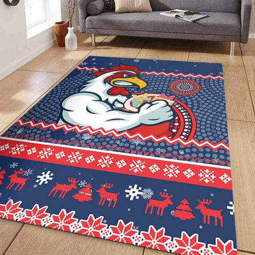 Sydney Roosters Area Rug - Australia Ugly Xmas With Aboriginal Patterns For Die Hard Fans