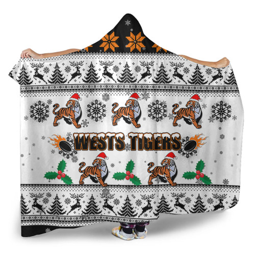 Wests Tigers Christmas Hooded Blanket - Wests Tigers Special Ugly Christmas Hooded Blanket