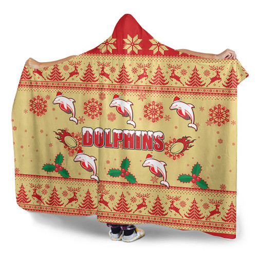 Redcliffe Dolphins Christmas Hooded Blanket - Redcliffe Dolphins Dolphins Special Ugly Christmas Hooded Blanket