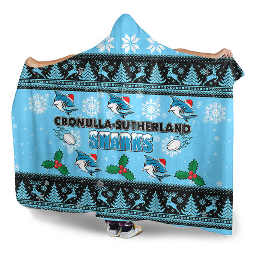 Cronulla-Sutherland Sharks Christmas Hooded Blanket - Cronulla-Sutherland Sharks Special Ugly Christmas Hooded Blanket