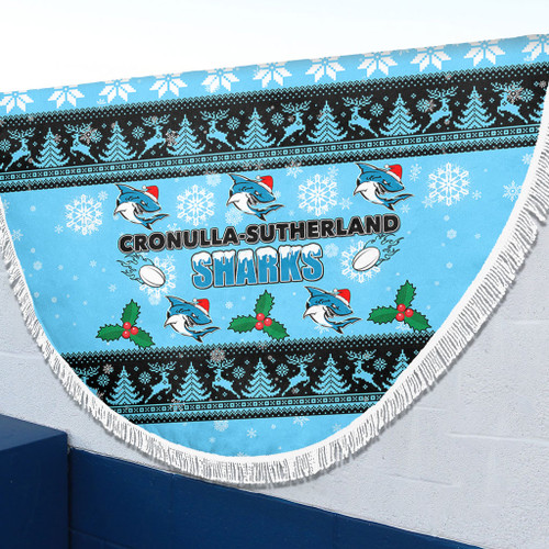 Cronulla-Sutherland Sharks Christmas Beach Blanket - Cronulla-Sutherland Sharks Special Ugly Christmas Beach Blanket