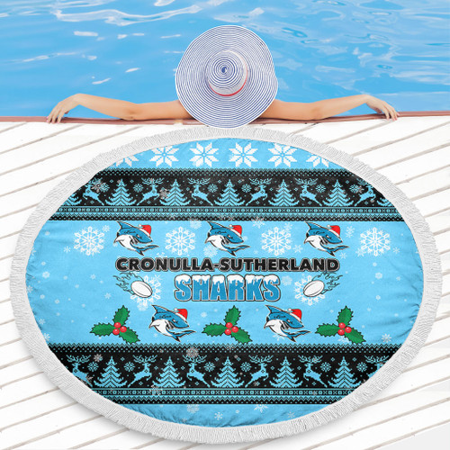 Cronulla-Sutherland Sharks Christmas Beach Blanket - Cronulla-Sutherland Sharks Special Ugly Christmas Beach Blanket