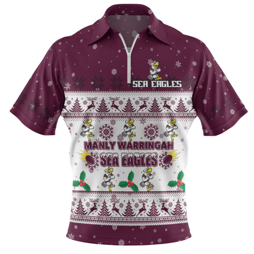 Manly Warringah Sea Eagles Christmas Custom Zip Polo Shirt - Special Ugly Christmas Zip Polo Shirt