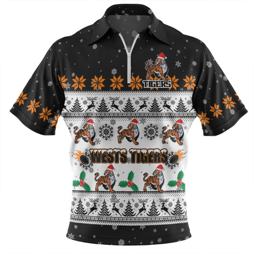 Wests Tigers Christmas Custom Zip Polo Shirt - Special Ugly Christmas Zip Polo Shirt