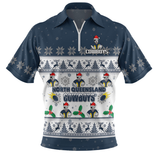 North Queensland Cowboys Christmas Custom Zip Polo Shirt - Special Ugly Christmas Zip Polo Shirt