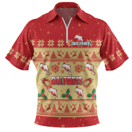 Redcliffe Dolphins Christmas Custom Zip Polo Shirt - Special Ugly Christmas Zip Polo Shirt