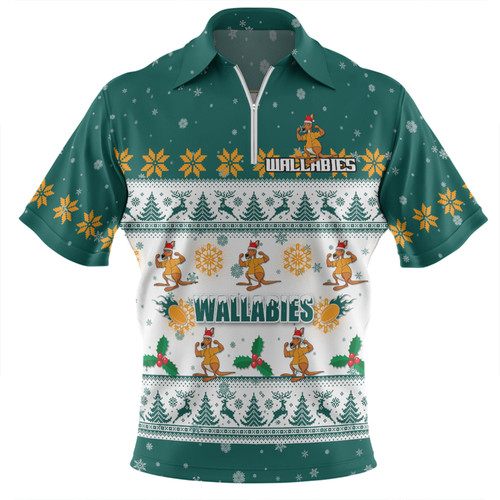 Australia Wallabies Christmas Custom Zip Polo Shirt - Special Ugly Christmas Zip Polo Shirt