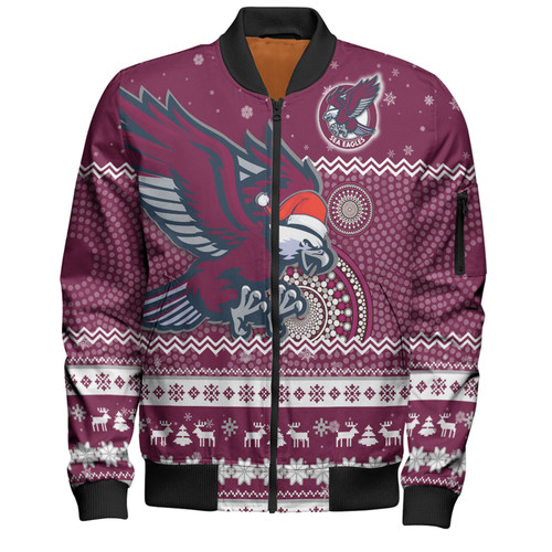 Manly Warringah Sea Eagles Christmas Custom Bomber Jacket - Ugly Xmas And Aboriginal Patterns For Die Hard Fan Bomber Jacket