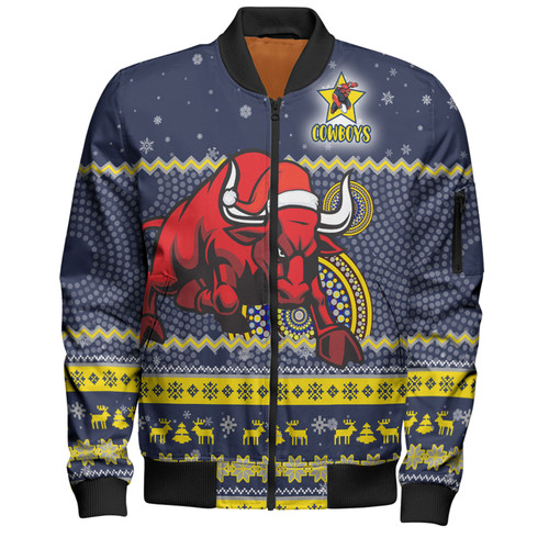 North Queensland Cowboys Christmas Custom Bomber Jacket - Ugly Xmas And Aboriginal Patterns For Die Hard Fan Bomber Jacket