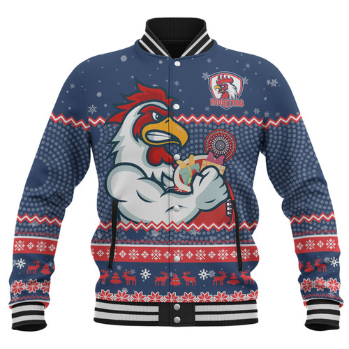 Sydney Roosters Christmas Custom Baseball Jacket - Ugly Xmas And Aboriginal Patterns For Die Hard Fan Baseball Jacket