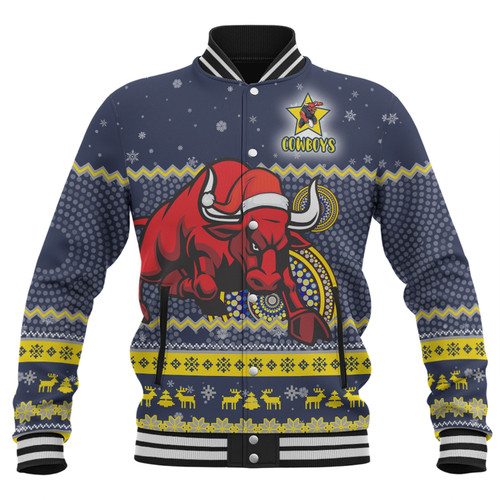 North Queensland Cowboys Christmas Custom Baseball Jacket - Ugly Xmas And Aboriginal Patterns For Die Hard Fan Baseball Jacket