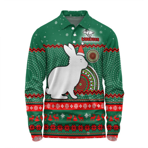 South Sydney Rabbitohs Custom Long Sleeve Polo Shirt - Ugly Xmas And Aboriginal Patterns For Die Hard Fan Long Sleeve Polo Shirt