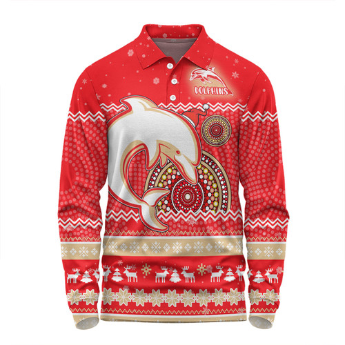 Redcliffe Dolphins Christmas Custom Long Sleeve Polo Shirt - Ugly Xmas And Aboriginal Patterns For Die Hard Fan Long Sleeve Polo Shirt