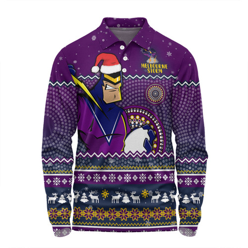 Melbourne Storm Christmas Custom Long Sleeve Polo Shirt - Ugly Xmas And Aboriginal Patterns For Die Hard Fan Long Sleeve Polo Shirt