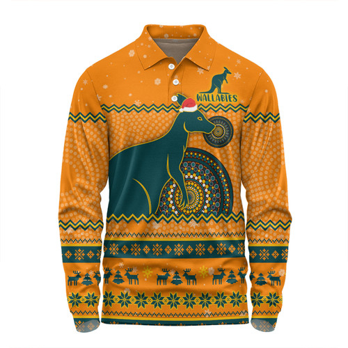 Australia Wallabies Christmas Custom Long Sleeve Polo Shirt - Ugly Xmas And Aboriginal Patterns For Die Hard Fan Long Sleeve Polo Shirt