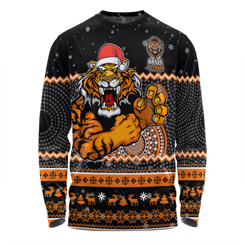 Wests Tigers Christmas Custom Long Sleeve T-shirt - Ugly Xmas And Aboriginal Patterns For Die Hard Fan Long Sleeve T-shirt