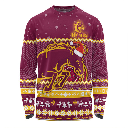 Brisbane Broncos Christmas Custom Long Sleeve T-shirt - Ugly Xmas And Aboriginal Patterns For Die Hard Fan Long Sleeve T-shirt