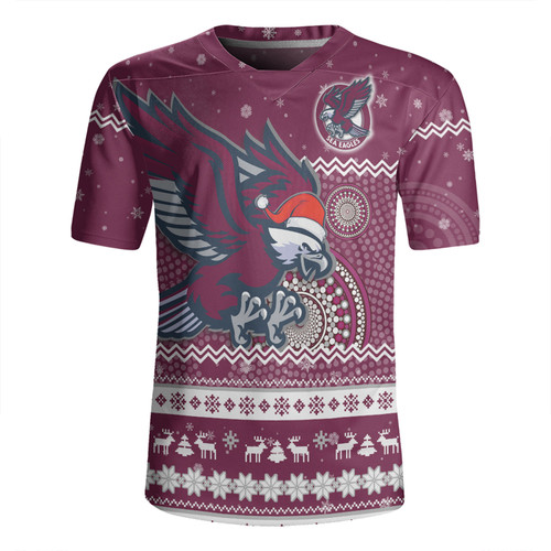Manly Warringah Sea Eagles Christmas Custom Rugby Jersey - Ugly Xmas And Aboriginal Patterns For Die Hard Fan Rugby Jersey