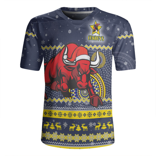 North Queensland Cowboys Christmas Custom Rugby Jersey - Ugly Xmas And Aboriginal Patterns For Die Hard Fan Rugby Jersey