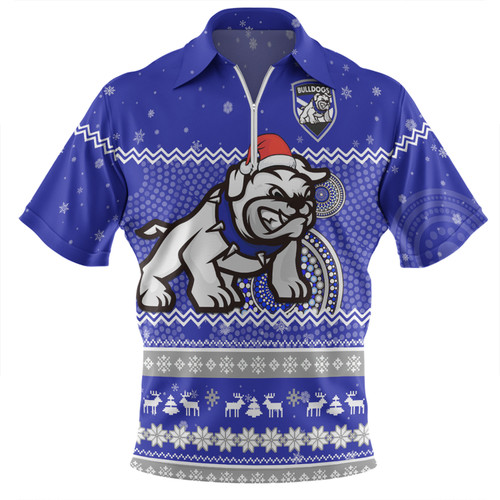 Canterbury-Bankstown Bulldogs Christmas Custom Zip Polo Shirt - Ugly Xmas And Aboriginal Patterns For Die Hard Fan Zip Polo Shirt