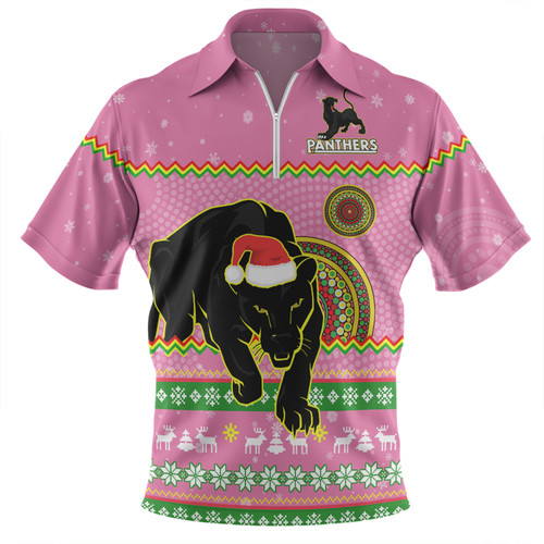 Penrith Panthers Christmas Custom Zip Polo Shirt - Ugly Xmas And Aboriginal Patterns For Die Hard Fan Zip Polo Shirt