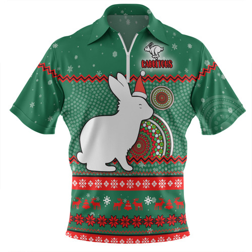 South Sydney Rabbitohs Custom Zip Polo Shirt - Ugly Xmas And Aboriginal Patterns For Die Hard Fan Zip Polo Shirt