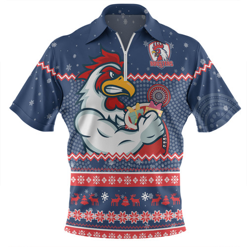 Sydney Roosters Christmas Custom Zip Polo Shirt - Ugly Xmas And Aboriginal Patterns For Die Hard Fan Zip Polo Shirt