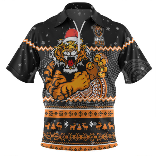 Wests Tigers Christmas Custom Zip Polo Shirt - Ugly Xmas And Aboriginal Patterns For Die Hard Fan Zip Polo Shirt