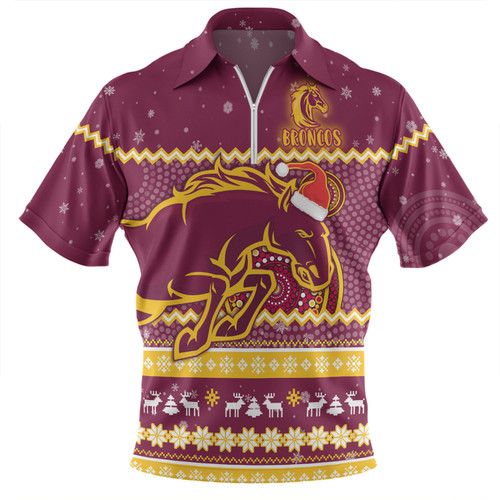 Brisbane Broncos Christmas Custom Zip Polo Shirt - Ugly Xmas And Aboriginal Patterns For Die Hard Fan Zip Polo Shirt