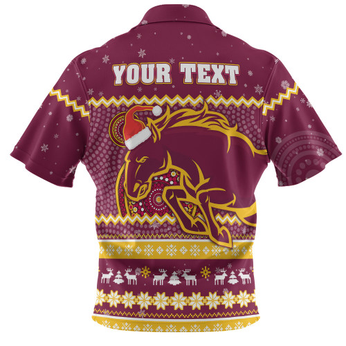 Brisbane Broncos Christmas Custom Zip Polo Shirt - Ugly Xmas And Aboriginal Patterns For Die Hard Fan Zip Polo Shirt