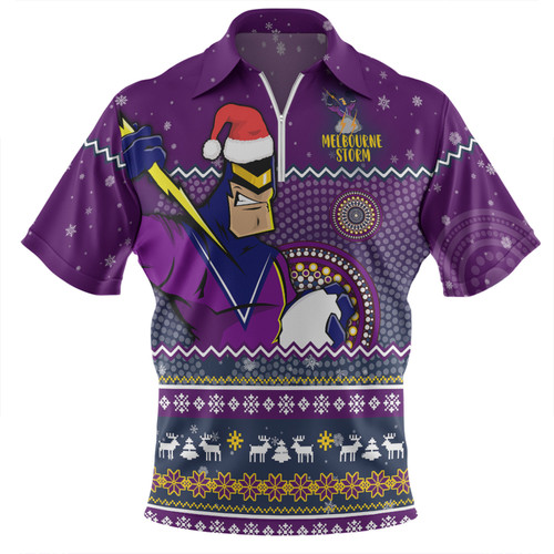 Melbourne Storm Christmas Custom Zip Polo Shirt - Ugly Xmas And Aboriginal Patterns For Die Hard Fan Zip Polo Shirt