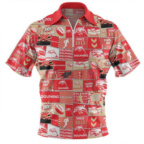 Redcliffe Dolphins Zip Polo Shirt - Team Of Us Die Hard Fan Supporters Comic Style Zip Polo Shirt