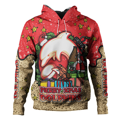 Redcliffe Dolphins Christmas Custom Hoodie - Merry Christmas Our Beloved Team With Aboriginal Dot Art Pattern Hoodie