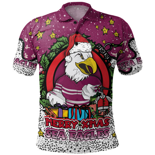 Manly Warringah Sea Eagles Christmas Custom Polo Shirt - Merry Christmas Our Beloved Team With Aboriginal Dot Art Pattern Polo Shirt