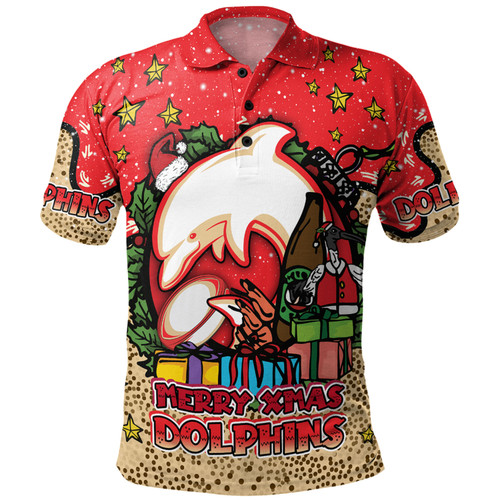 Redcliffe Dolphins Christmas Custom Polo Shirt - Merry Christmas Our Beloved Team With Aboriginal Dot Art Pattern Polo Shirt