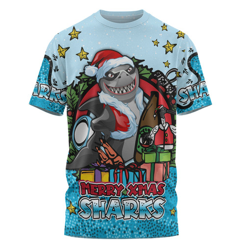 Cronulla-Sutherland Sharks Christmas Custom T-shirt - Merry Christmas Our Beloved Team With Aboriginal Dot Art Pattern T-shirt