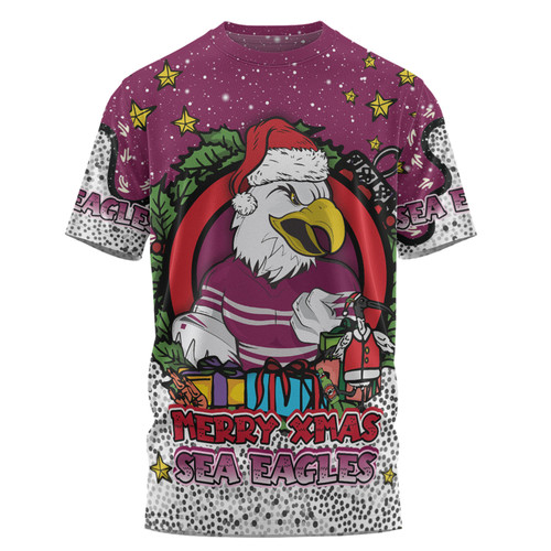 Manly Warringah Sea Eagles Christmas Custom T-shirt - Merry Christmas Our Beloved Team With Aboriginal Dot Art Pattern T-shirt