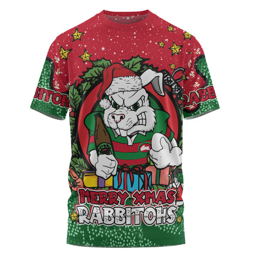 South of Sydney Rabbitohs Christmas Custom T-shirt - Merry Christmas Our Beloved Team With Aboriginal Dot Art Pattern T-shirt