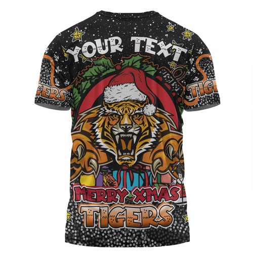 Wests Tigers Christmas Custom T-shirt - Merry Christmas Our Beloved Team With Aboriginal Dot Art Pattern T-shirt Wests Tigers Christmas Custom T-shirt - Merry Christmas Our Beloved Team With Aboriginal Dot Art Pattern T-shirt